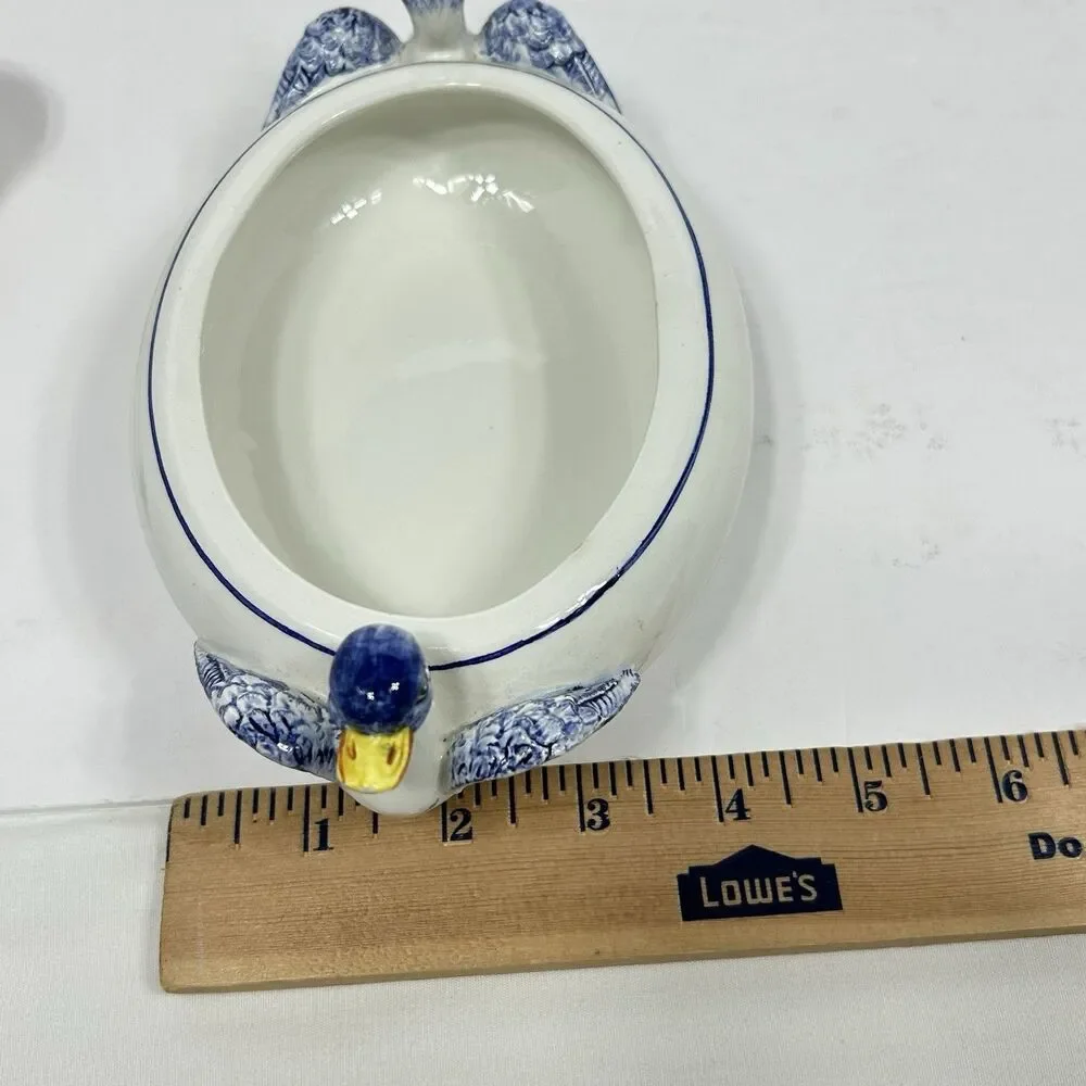 Blue White Ceramic Duck Tureen Ladle Lid Made in Italy Country Farmhouse Decor